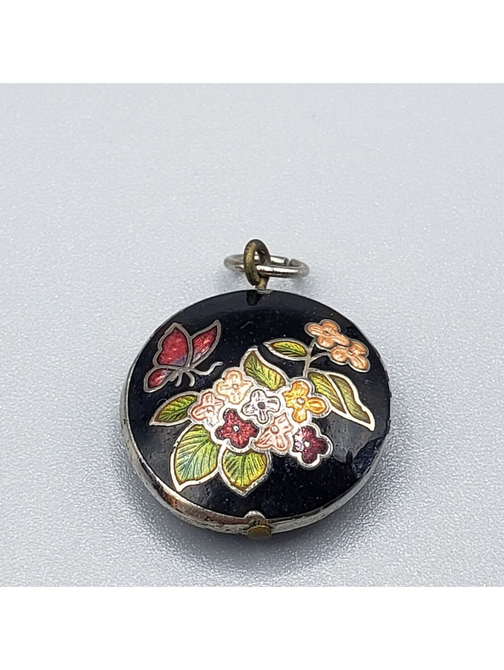 Vintage Cloisonne Pendant Round Disc Shape Black Enamel Butterfly Flowers